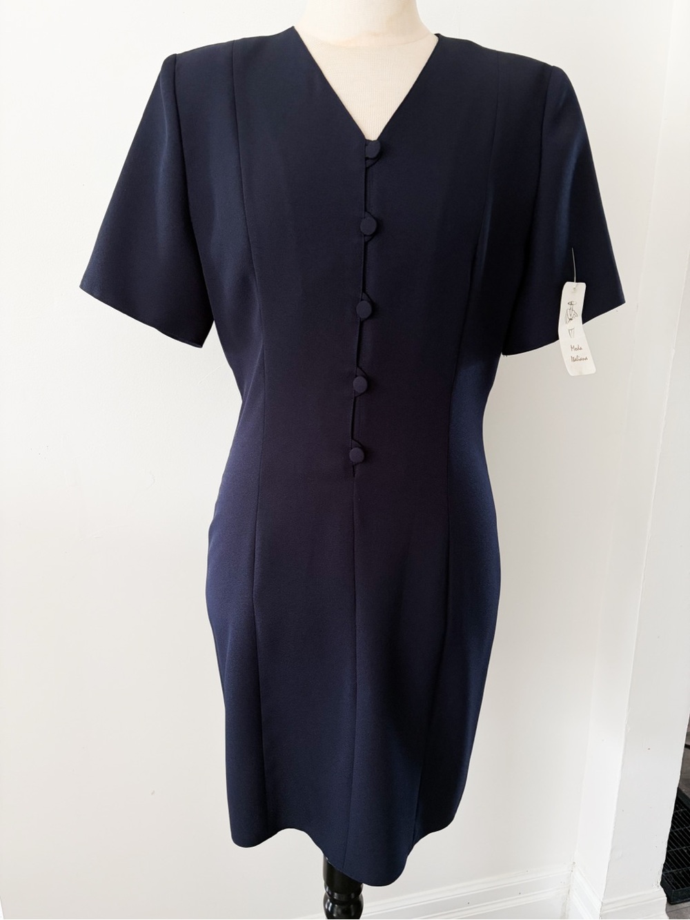Vintage AGMIR Navy Blue Short-Sleeve Sheath Dress, Size M - Made in Europe
